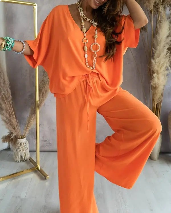 Bat Sleeve Top & Casual Pants Suit