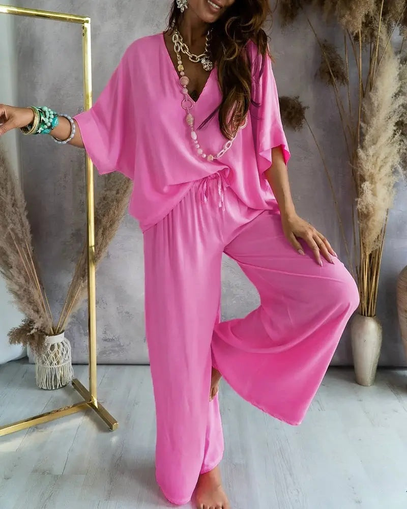 Bat Sleeve Top & Casual Pants Suit