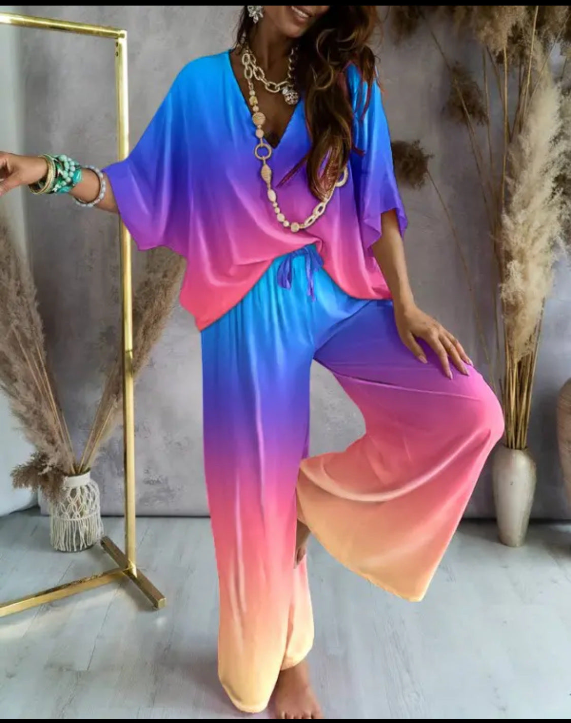 Bat Sleeve Top & Casual Pants Suit
