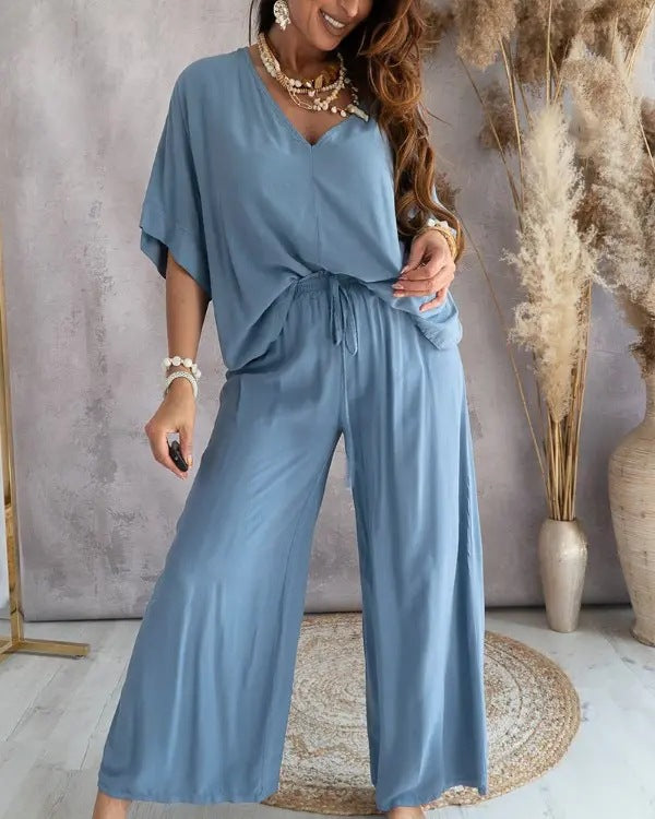 Bat Sleeve Top & Casual Pants Suit