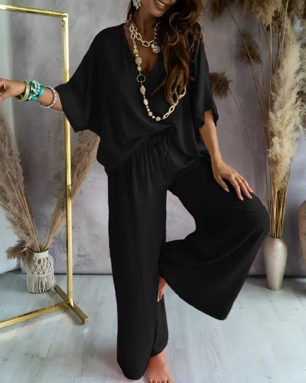 Bat Sleeve Top & Casual Pants Suit
