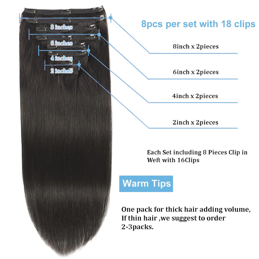 Straight Remy Human Hair Clip-In Extensions – Full Head Set, 8 Pieces
