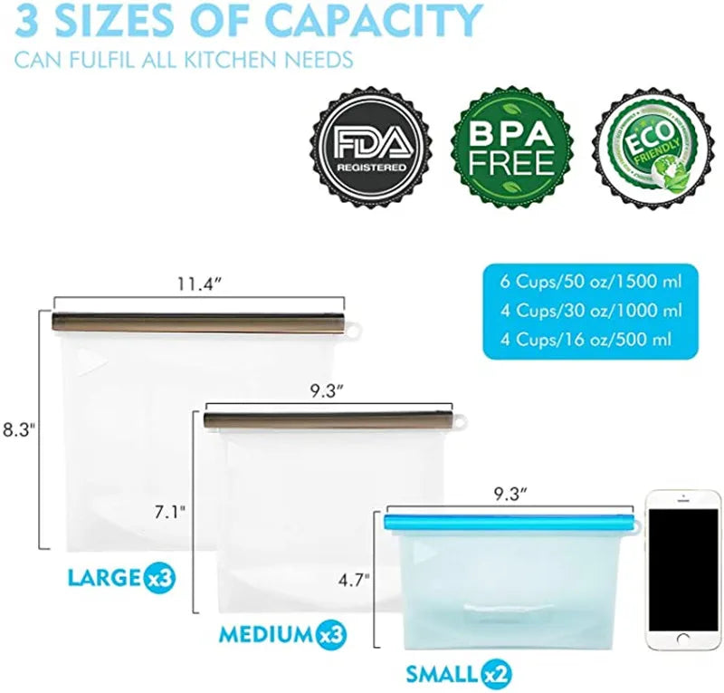 Silicone Bags Reusable Silicone Food Bag Airtight Seal Food Preservation Bag Food Grade for Vegetable, Liquid, Snack, Meat