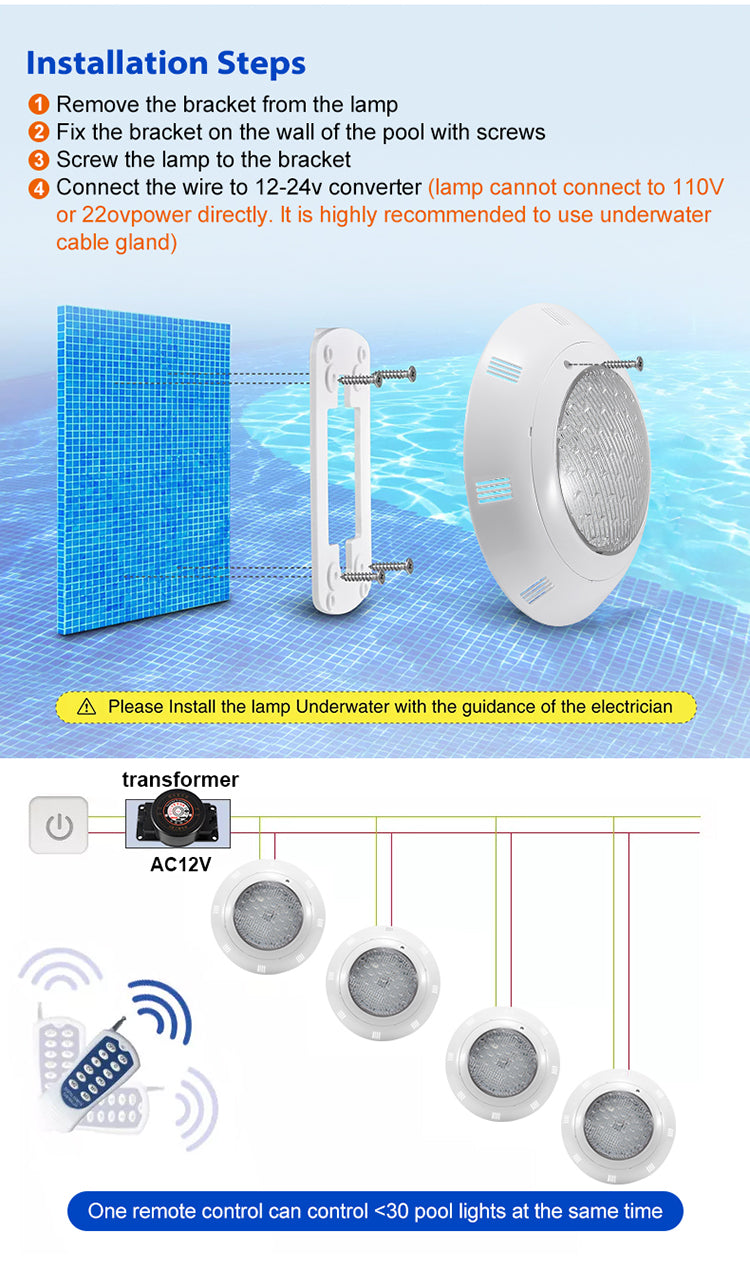 Pool Underwater LED Light 12V - IP68 Waterproof, 18W–45W