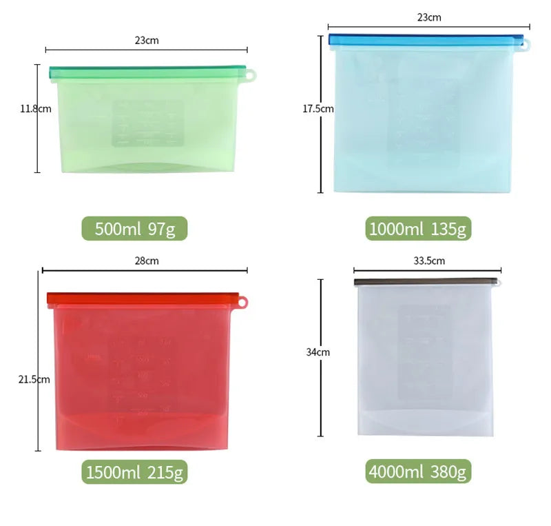 Silicone Bags Reusable Silicone Food Bag Airtight Seal Food Preservation Bag Food Grade for Vegetable, Liquid, Snack, Meat