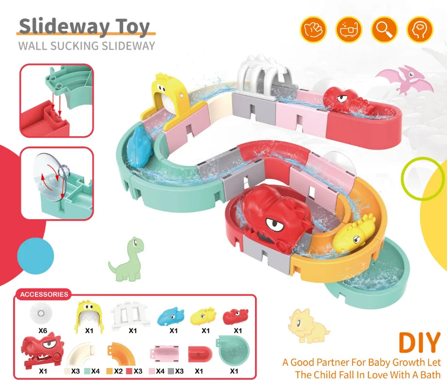 Kids DIY Bath Toy - Building Water Slide & Dinosaur Tracks