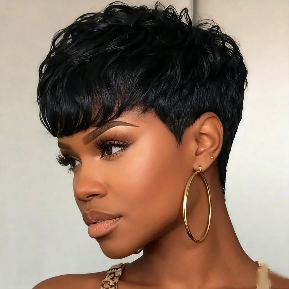 Peruvian Pixie Cut Human Hair Wig with Bangs – Short Natural Style