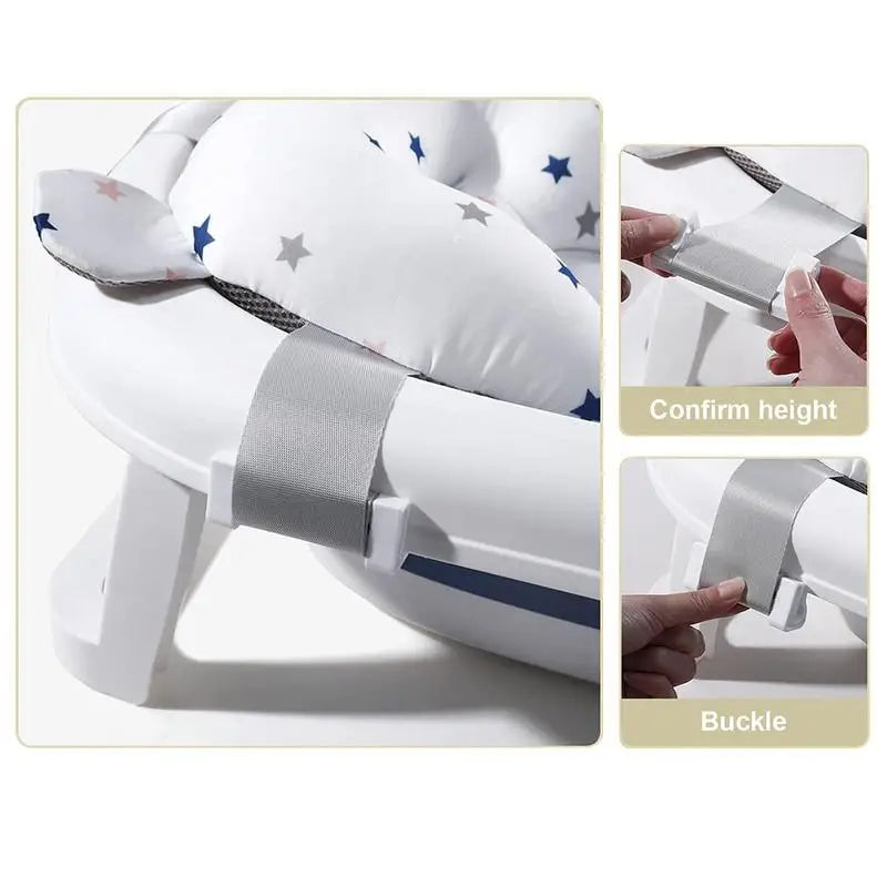 Newborn Bath Cushion - Adjustable, Foldable with Buckles & 3 Safety Clips