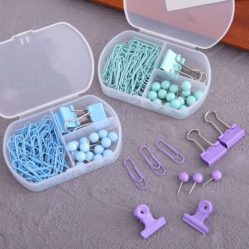 Colourful 3-in-1 Stationery Set - Paper Clips, Binder Clips & Thumb Tacks