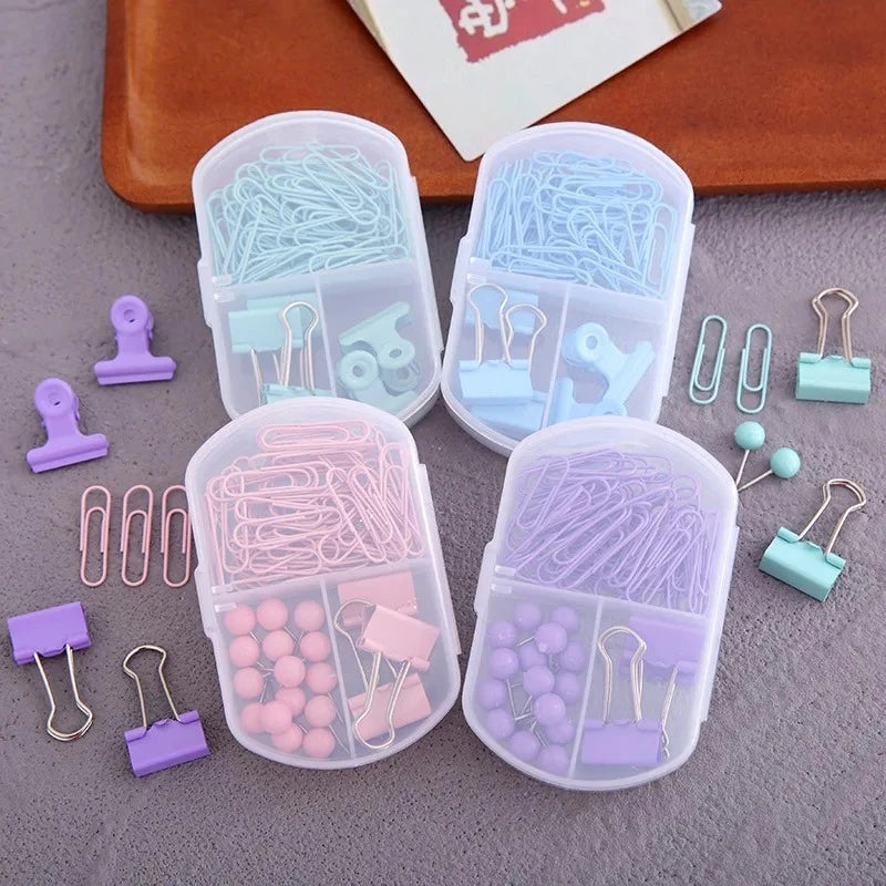 Colourful 3-in-1 Stationery Set - Paper Clips, Binder Clips & Thumb Tacks