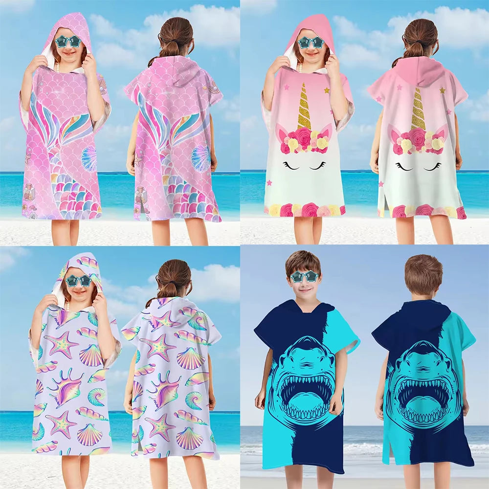 Kids Cartoon Hooded Bathrobe & Beach Towel Cloak