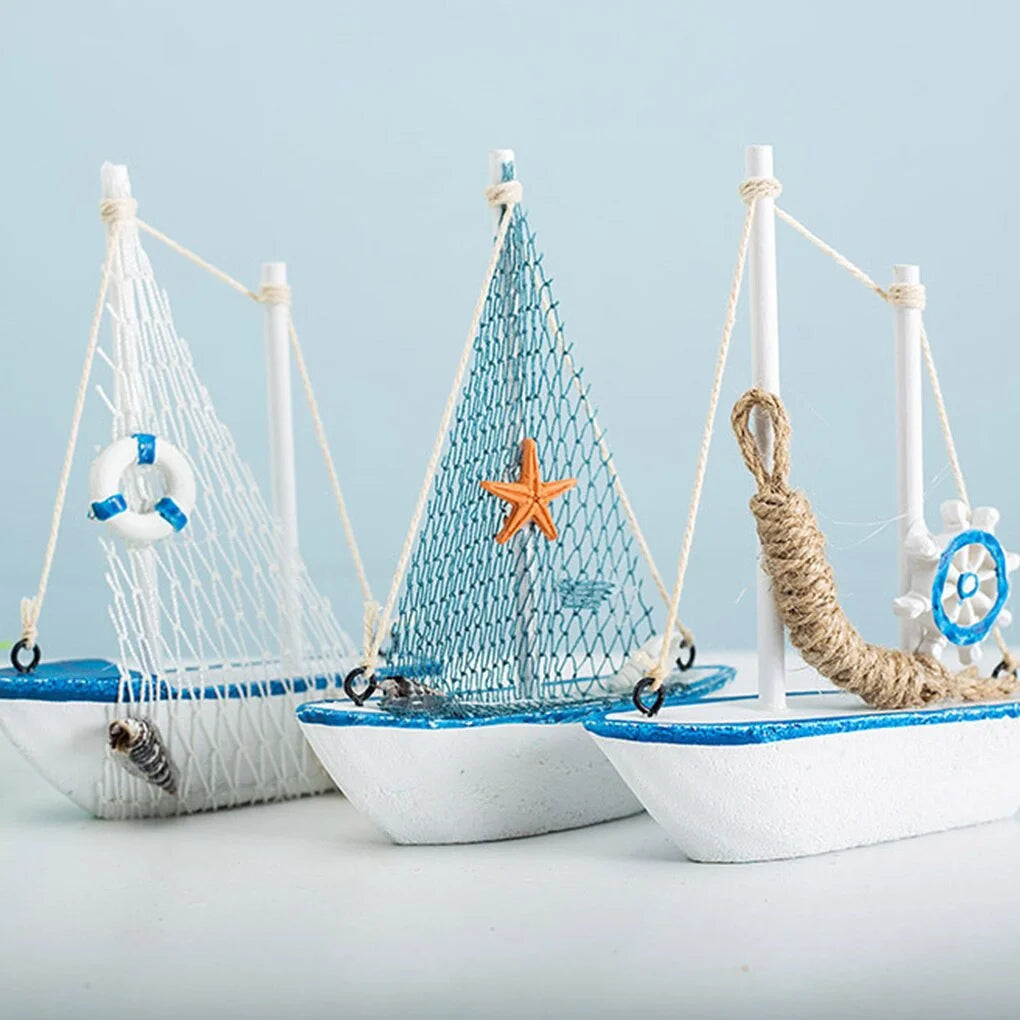 Mini Wooden Blue Sailing Boat – Mediterranean Style Décor