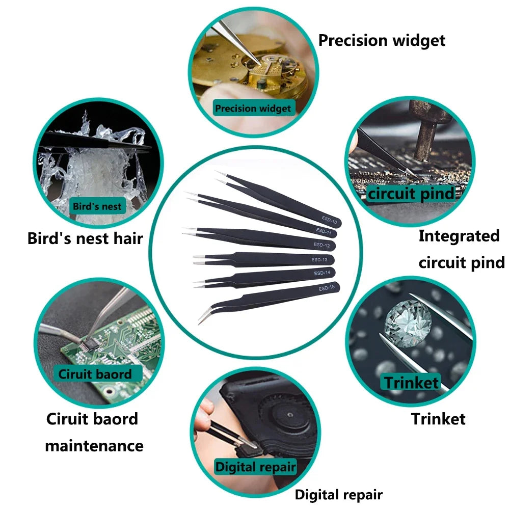 ESD Anti-Static Tweezers Set – 6 Piece