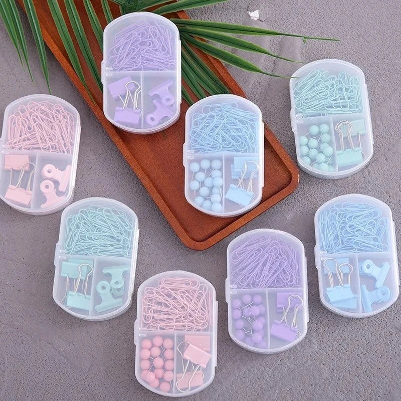 Colourful 3-in-1 Stationery Set - Paper Clips, Binder Clips & Thumb Tacks
