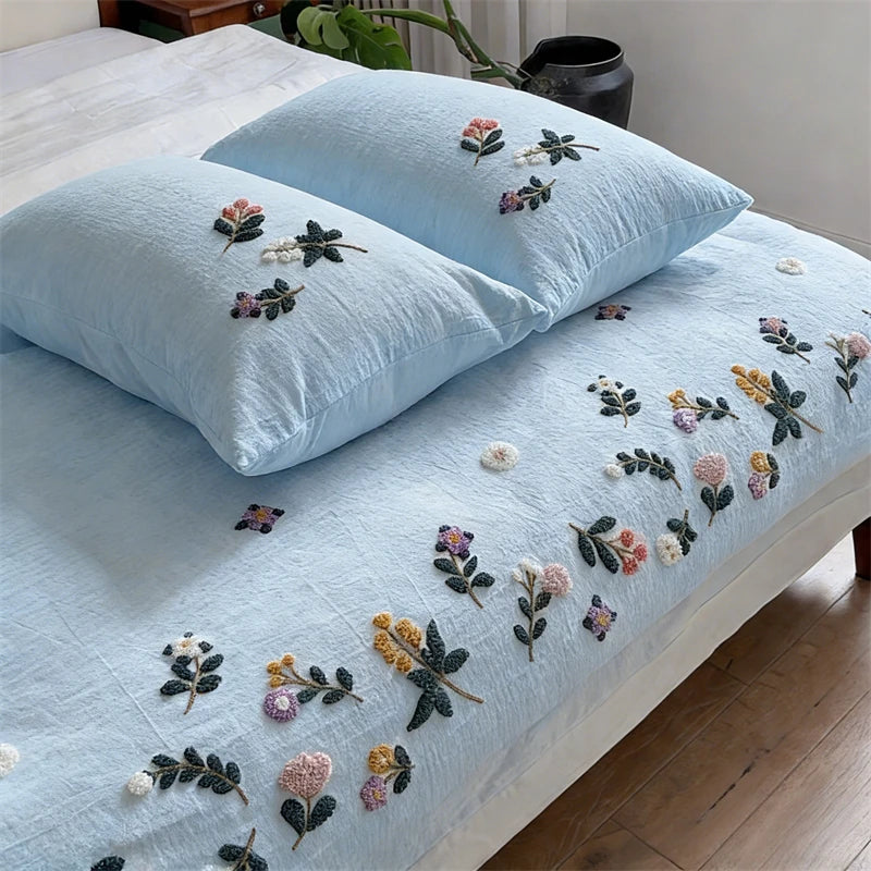 3 Pcs Premium Soft Duvet Cover Set - Embroidered Floral, Off-White