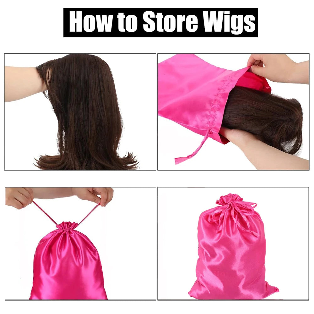 Silky Satin Wig Storage Bags with Drawstring – Dust-Free Protection, Set of 3