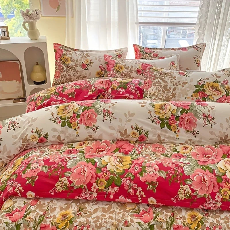 3 Pcs Floral Duvet Cover Set with Zipper Closure - 1 Duvet Cover and 2 Pillowcases