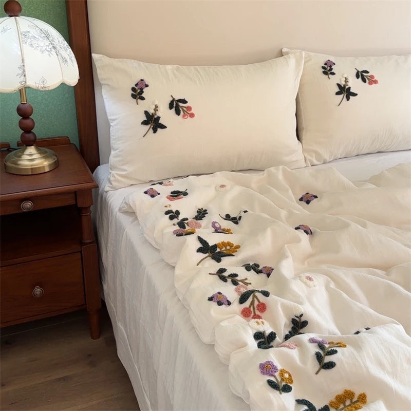 3 Pcs Premium Soft Duvet Cover Set - Embroidered Floral, Off-White