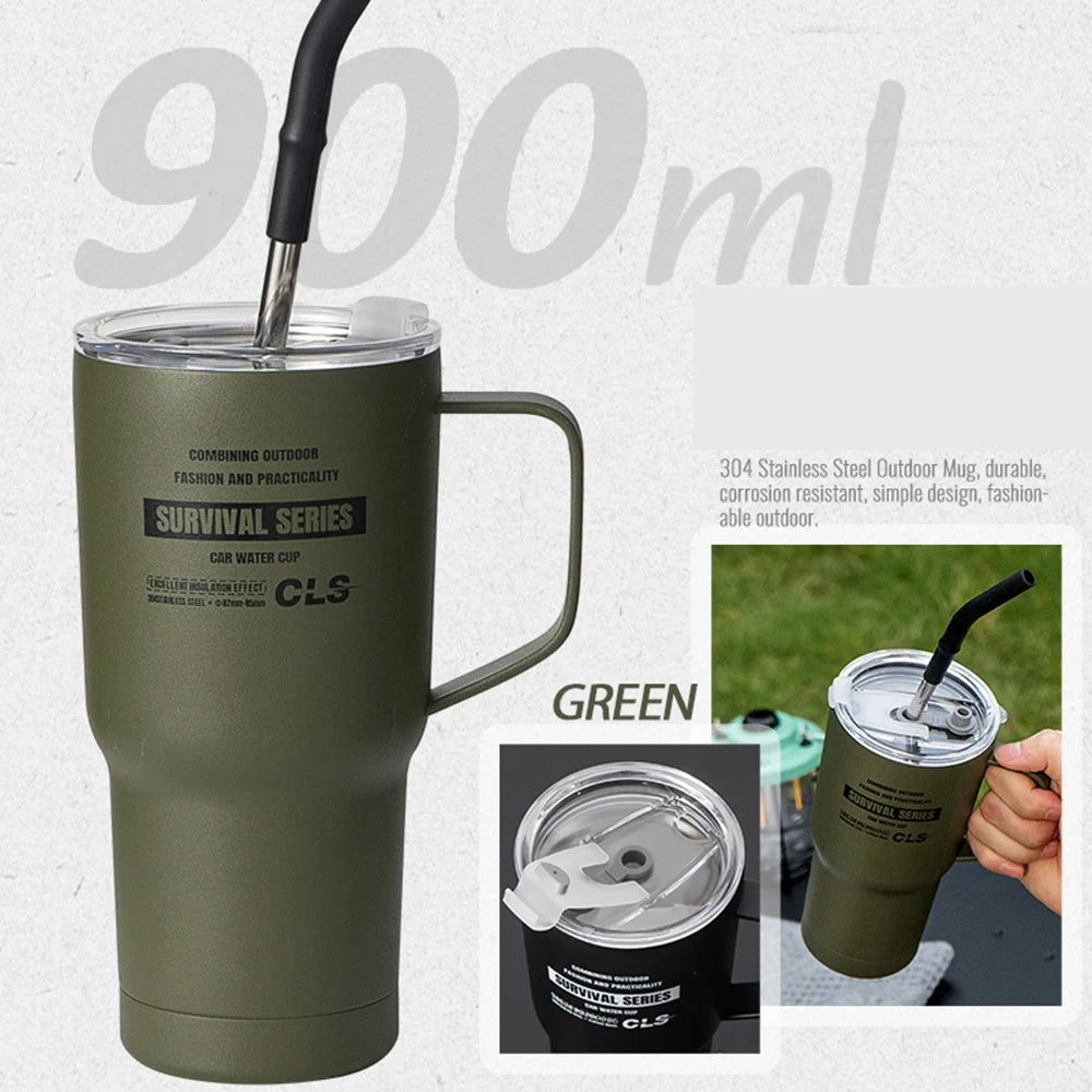 900ml Stainless Steel Insulated Tumbler with Handle, Lid & Straw