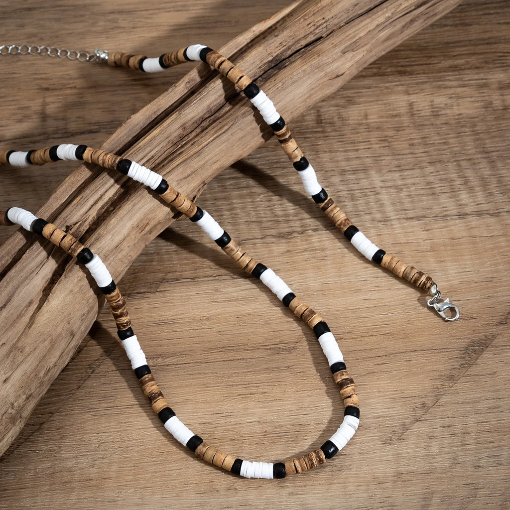 Trendy Men's Wood & Polymer Clay Bead Necklace & Bracelet Set
