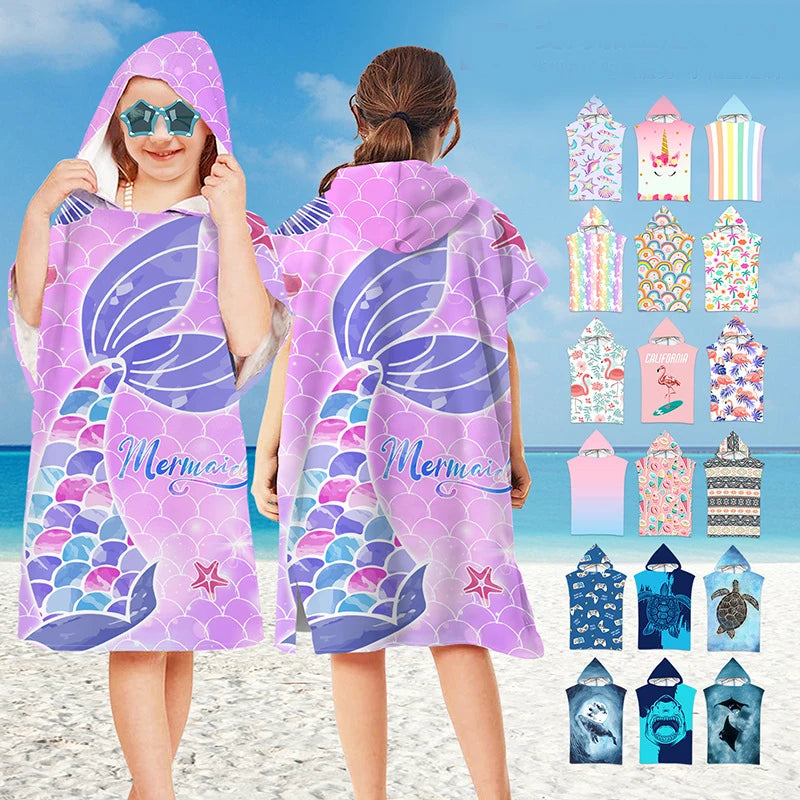Kids Cartoon Hooded Bathrobe & Beach Towel Cloak