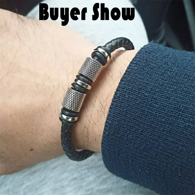 Men Genuine Leather Bracelet Magentic Attachment