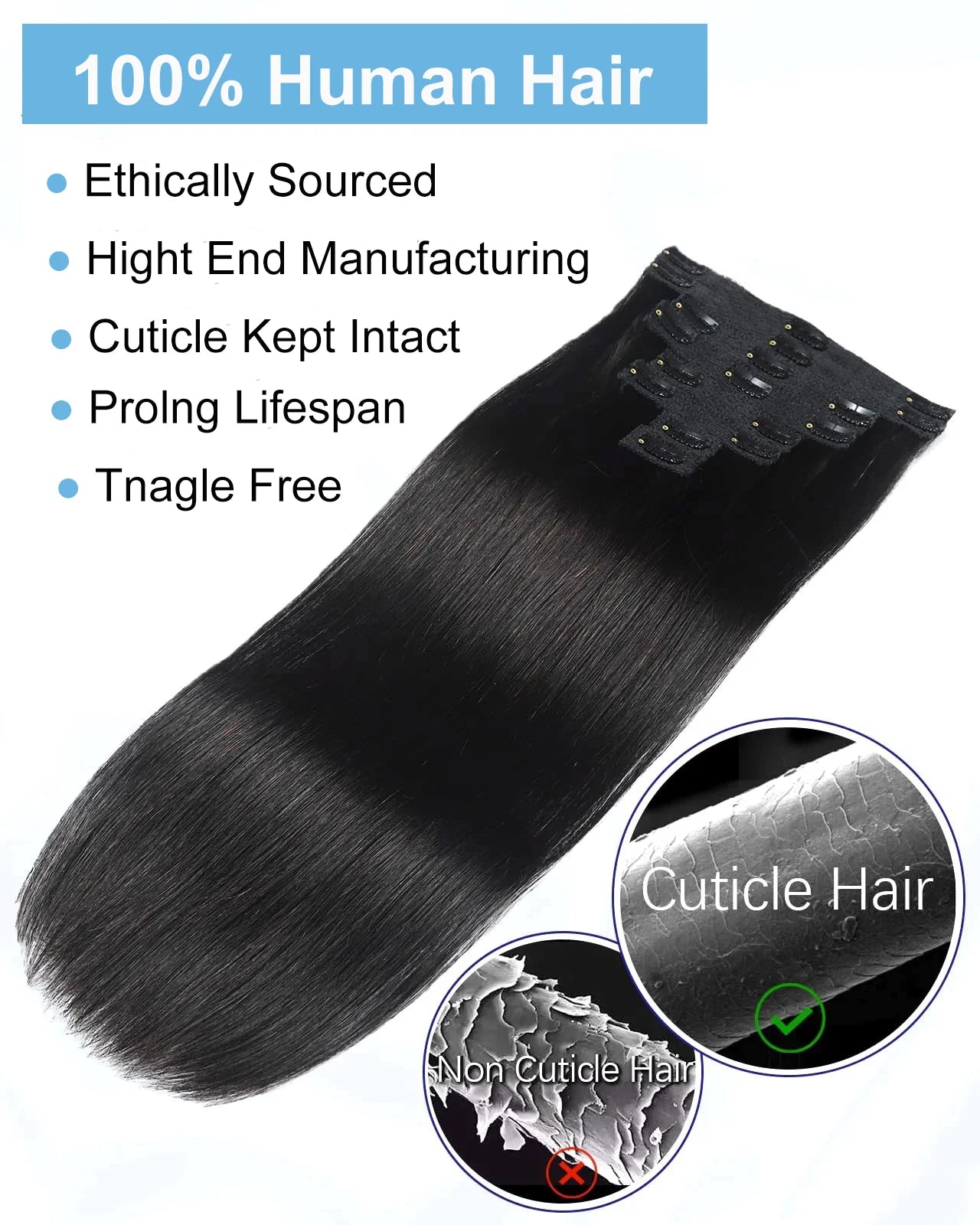Straight Remy Human Hair Clip-In Extensions – Full Head Set, 8 Pieces