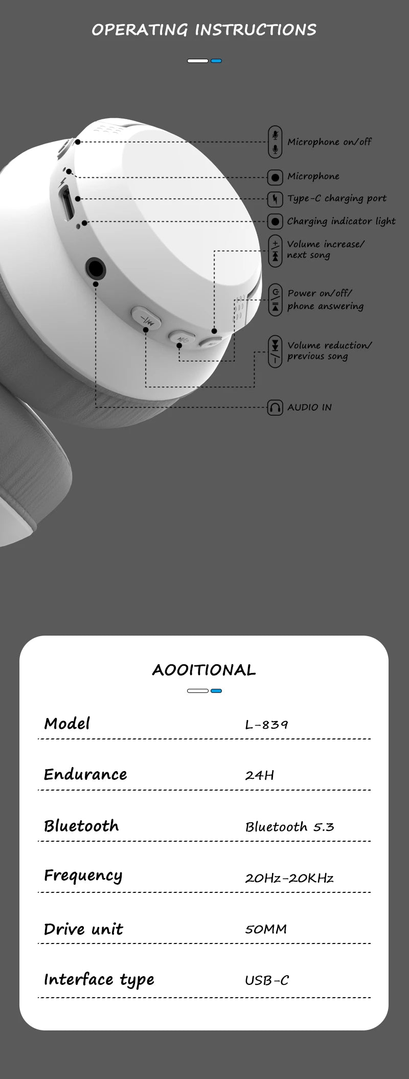 Wireless Bluetooth 5.3 Over-Ear Headphones with Hi-Res Audio