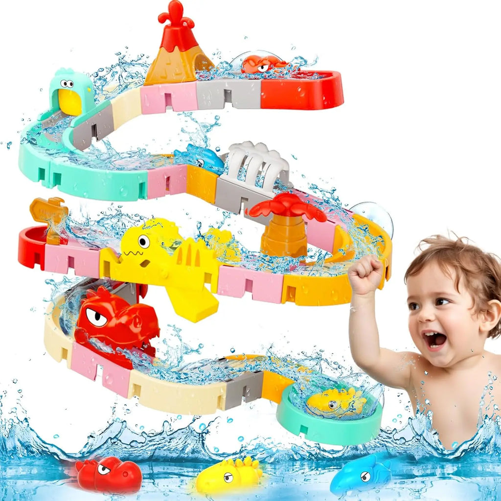 Kids DIY Bath Toy - Building Water Slide & Dinosaur Tracks