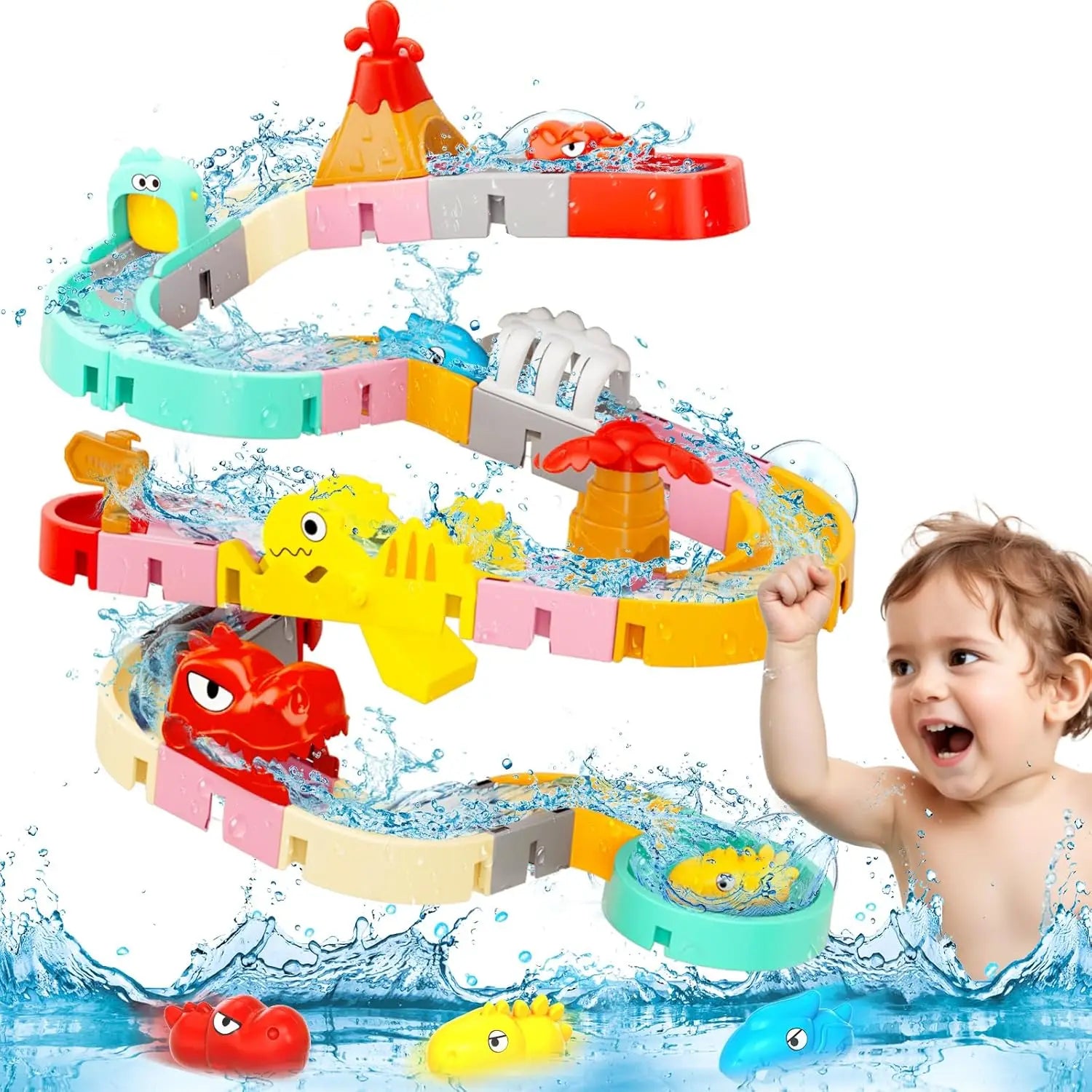 Kids DIY Bath Toy - Building Water Slide & Dinosaur Tracks