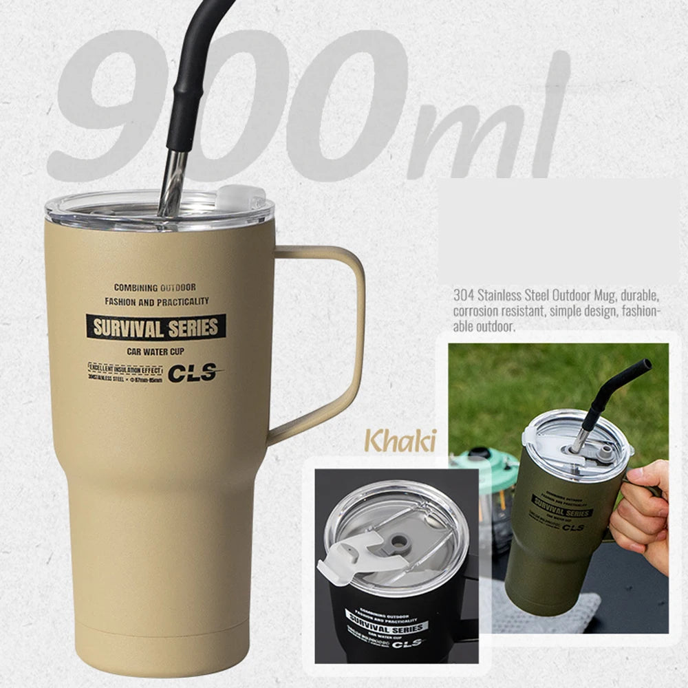900ml Stainless Steel Insulated Tumbler with Handle, Lid & Straw