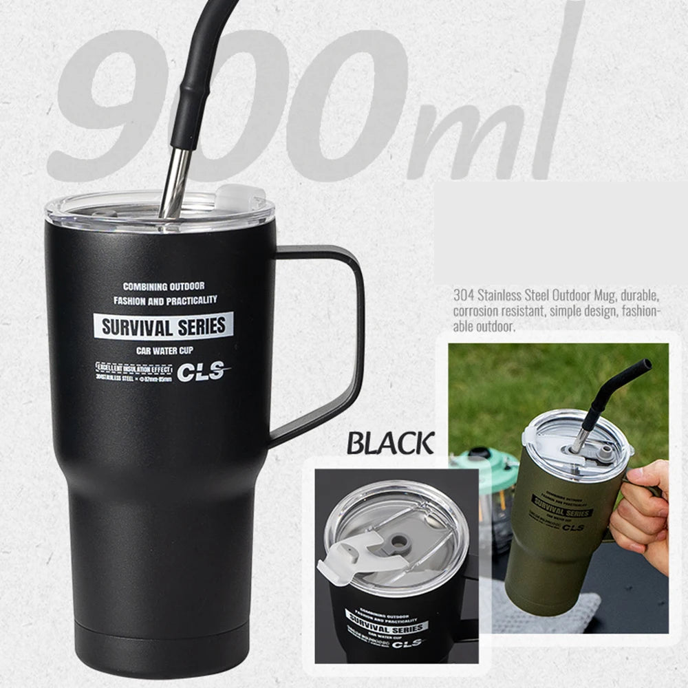 900ml Stainless Steel Insulated Tumbler with Handle, Lid & Straw
