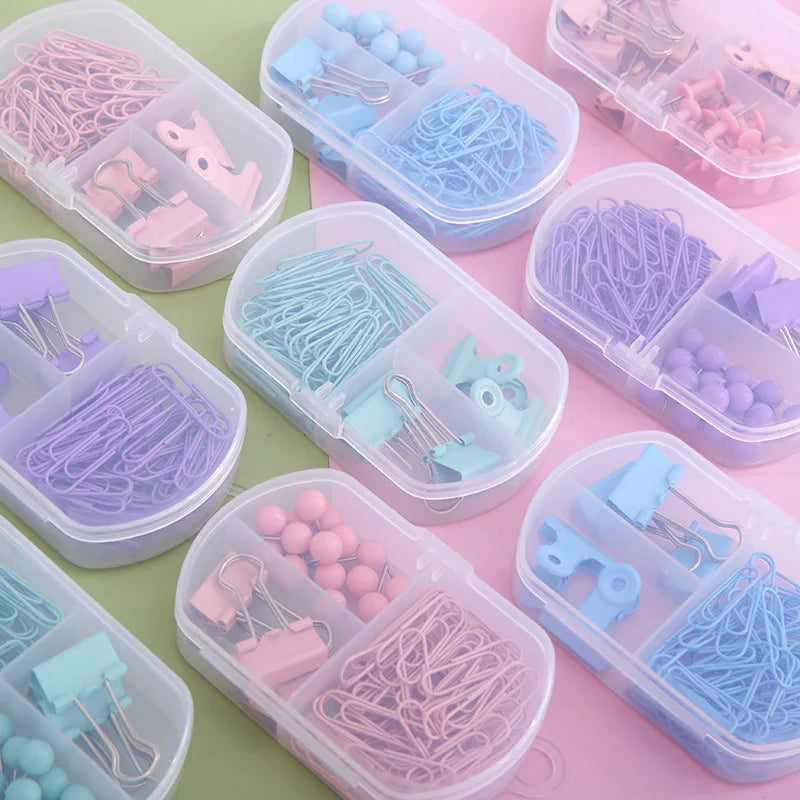 Colourful 3-in-1 Stationery Set - Paper Clips, Binder Clips & Thumb Tacks