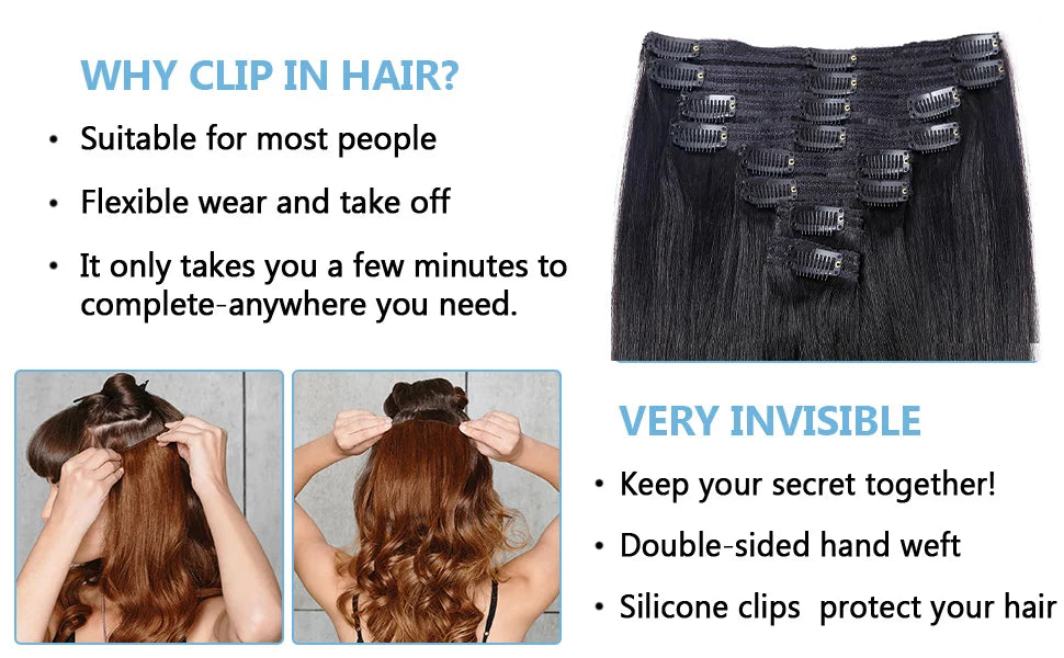 Straight Remy Human Hair Clip-In Extensions – Full Head Set, 8 Pieces