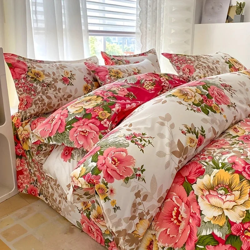 3 Pcs Floral Duvet Cover Set with Zipper Closure - 1 Duvet Cover and 2 Pillowcases