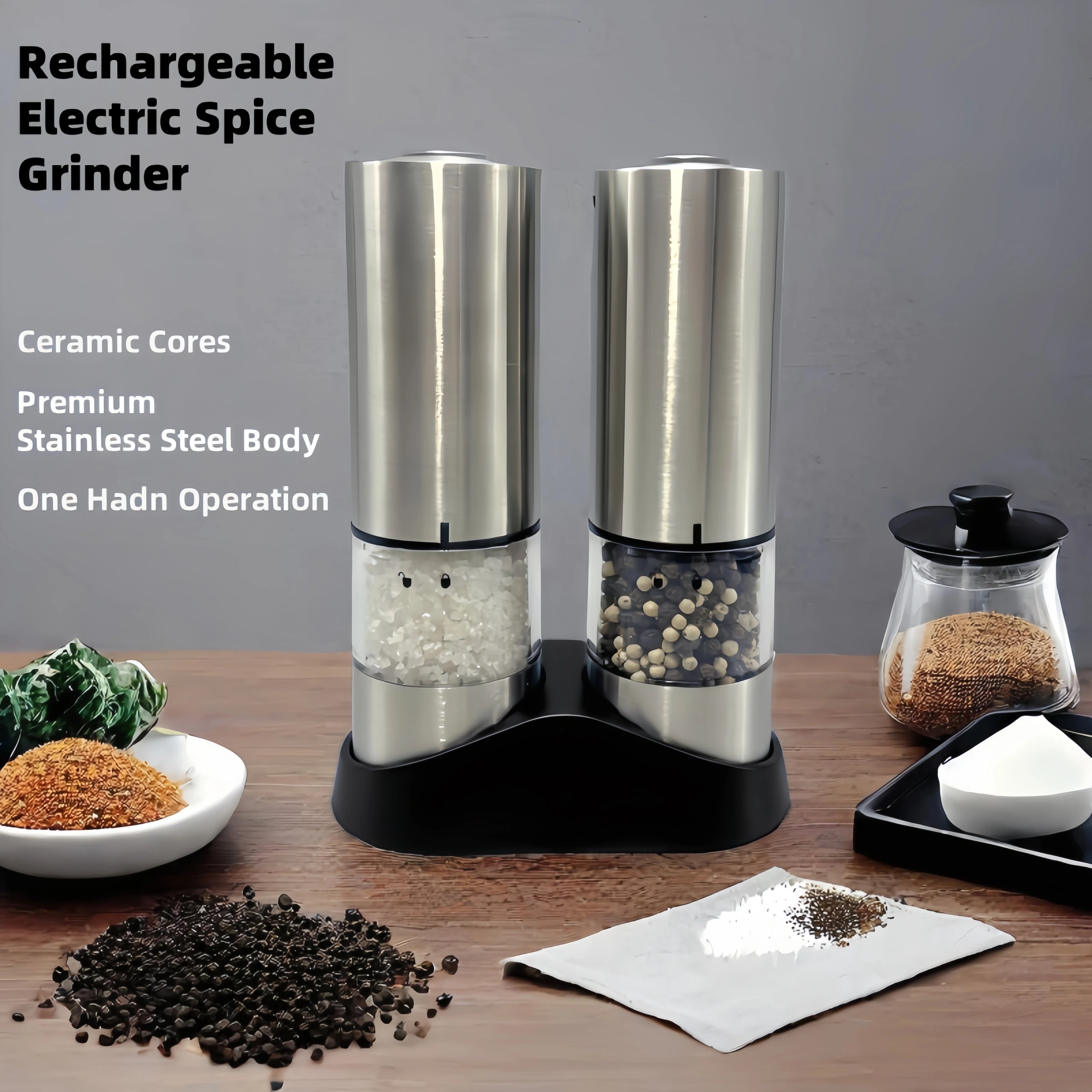 Electric Salt & Pepper Grinder – Type-C Rechargeable, Ceramic Core, LED Light