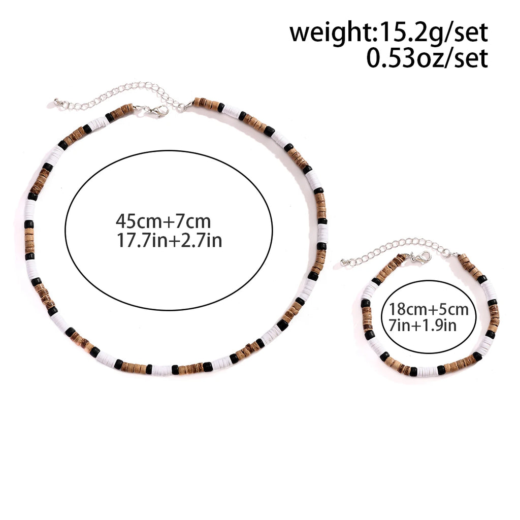 Trendy Men's Wood & Polymer Clay Bead Necklace & Bracelet Set