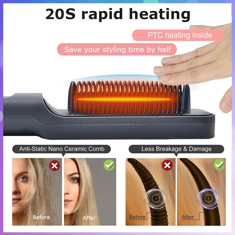 2-in-1 Ceramic Negative Ion Electric Hair Straightener Brush