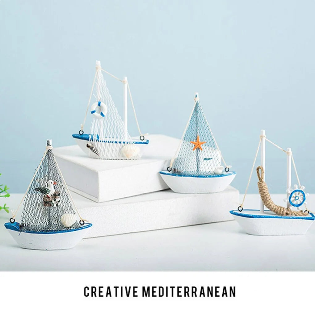 Mini Wooden Blue Sailing Boat – Mediterranean Style Décor