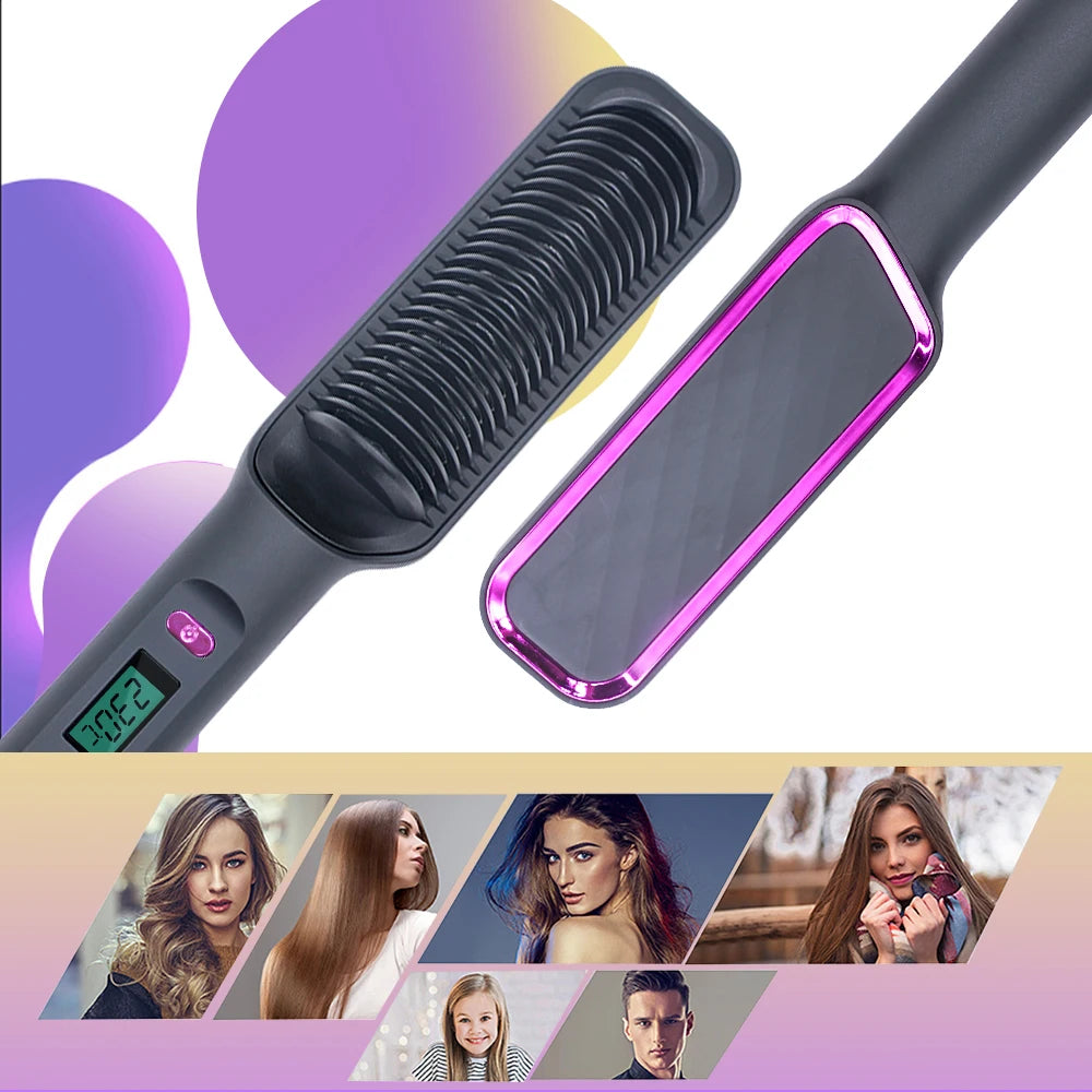 2-in-1 Ceramic Negative Ion Electric Hair Straightener Brush