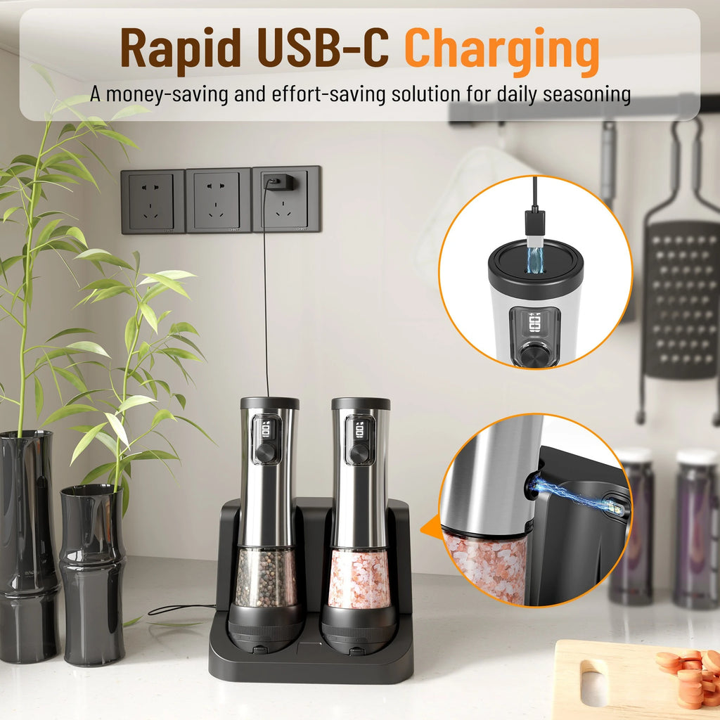 Electric Salt & Pepper Grinder Set – Rechargeable, LED Indicator, Adjustable Coarseness