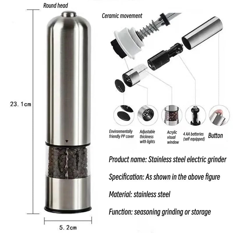 Electric Salt & Pepper Grinder Set – Stainless Steel, One-Handed Operation, Mill with Light
