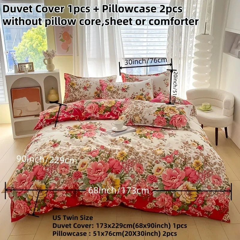 3 Pcs Floral Duvet Cover Set with Zipper Closure - 1 Duvet Cover and 2 Pillowcases
