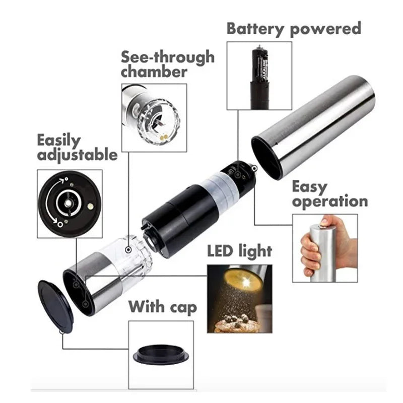 Electric Salt & Pepper Grinder Set – Stainless Steel, One-Handed Operation, Mill with Light