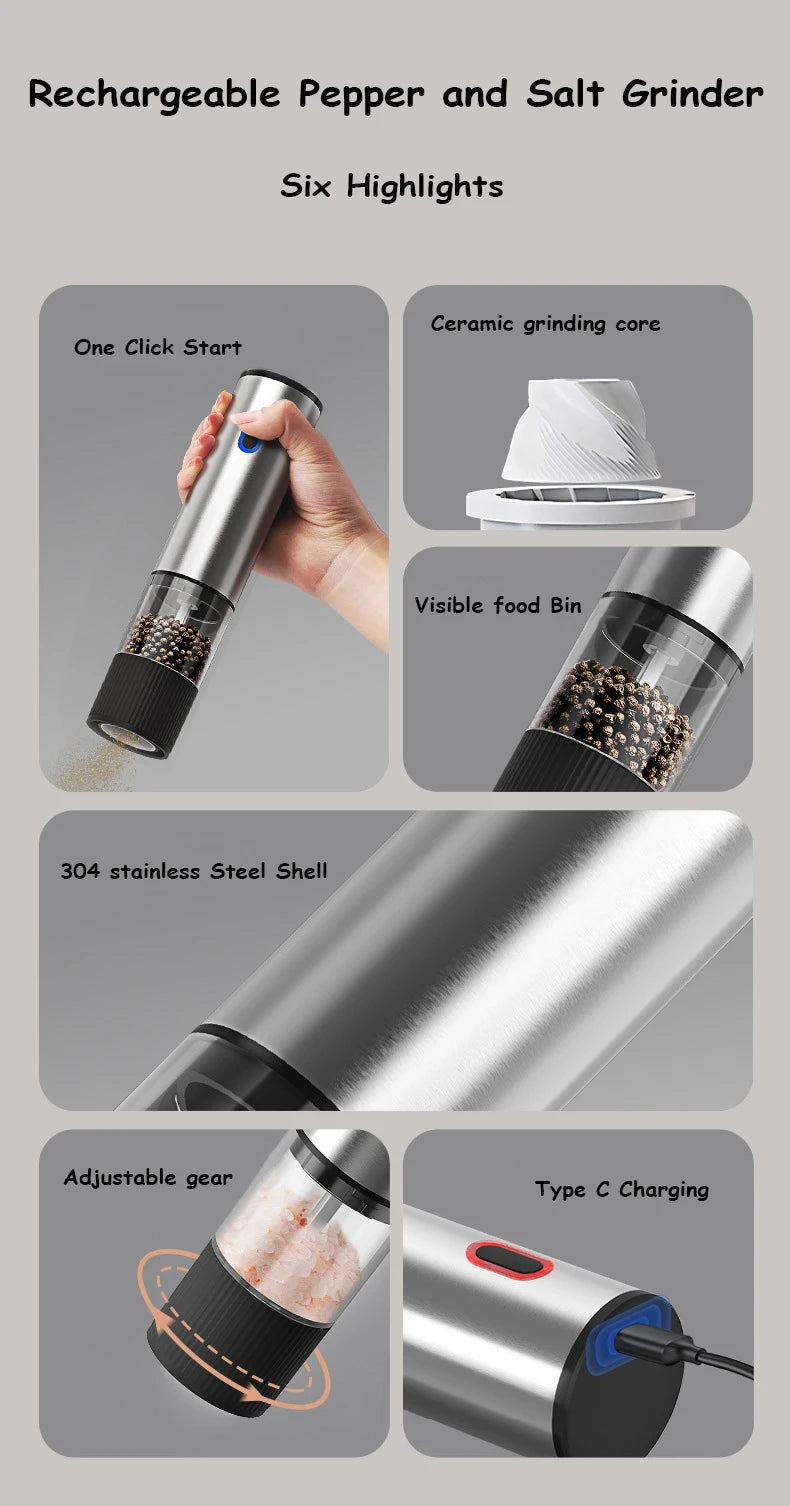 Electric Salt & Pepper Grinder – Rechargeable, Adjustable Coarseness
