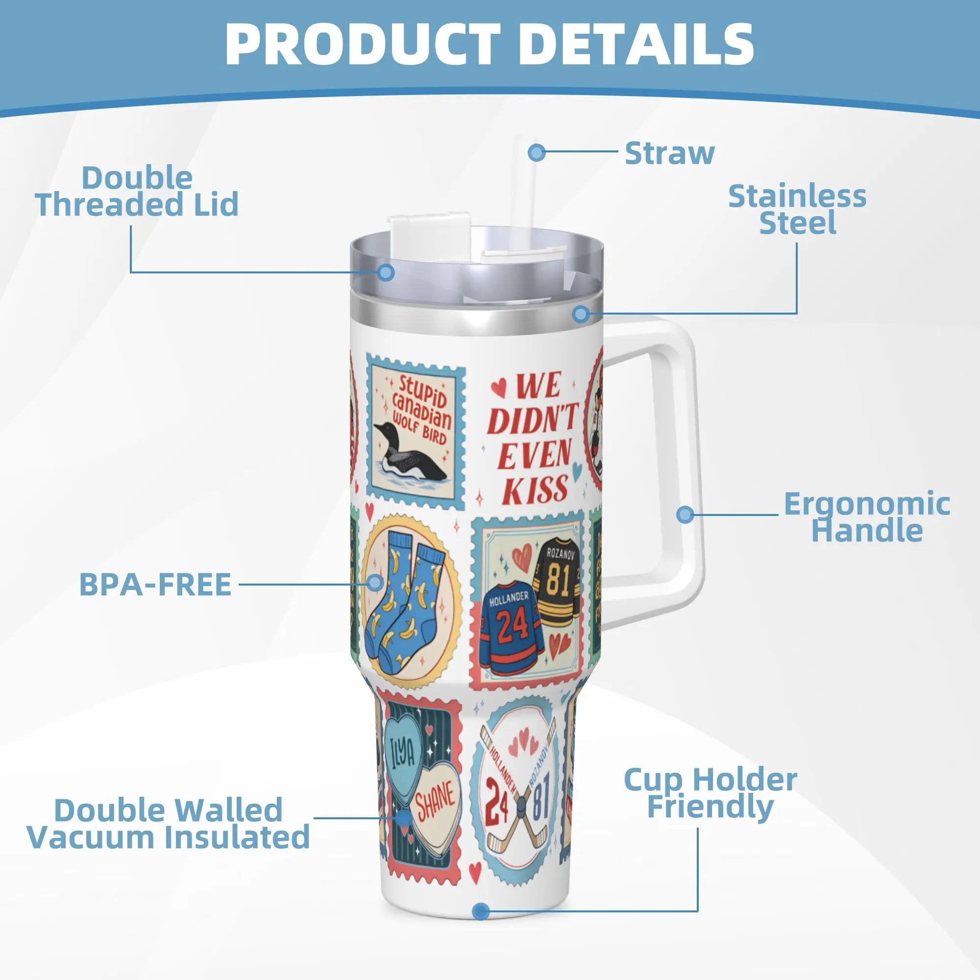Large Portable Stainless Steel Thermal Tumbler with Straw