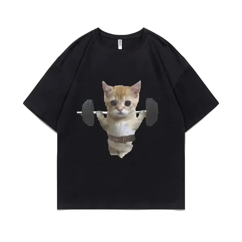 Funny Gym Cat Graphic T-Shirt