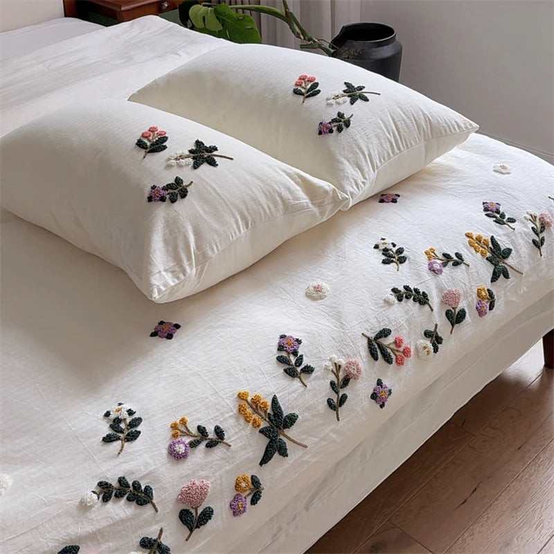 3 Pcs Premium Soft Duvet Cover Set - Embroidered Floral, Off-White