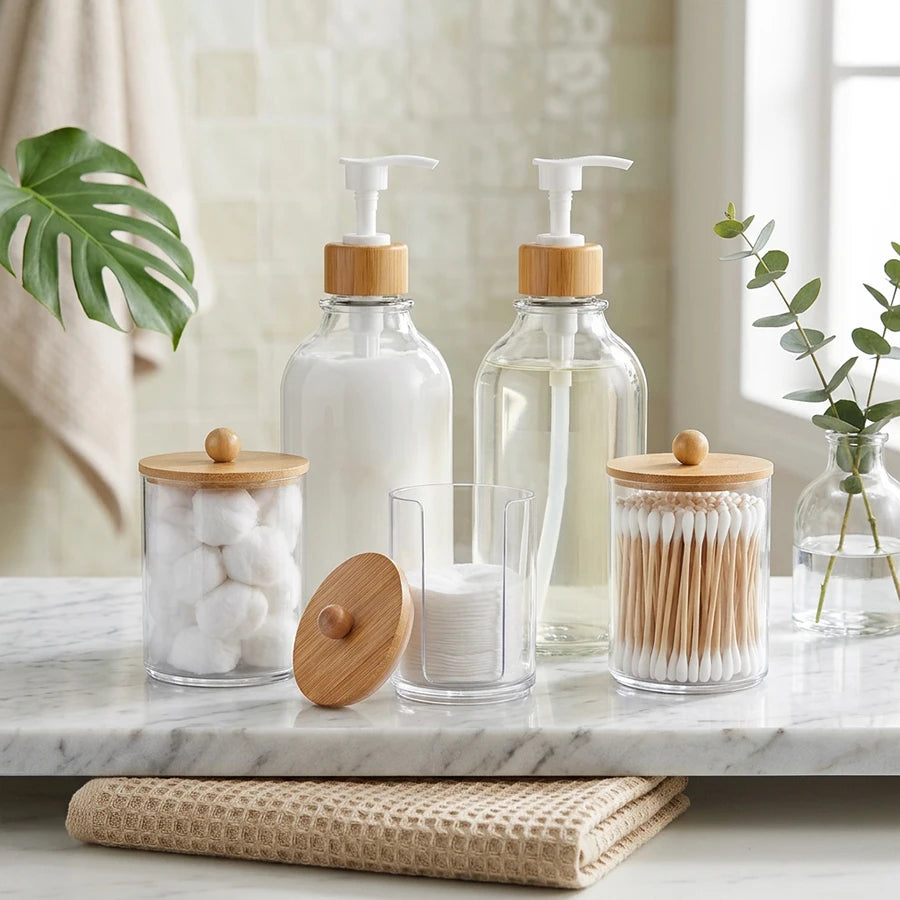 Bathroom Accessories Set - Soap Dispenser, Toothbrush & Storage (4/5 Pcs)