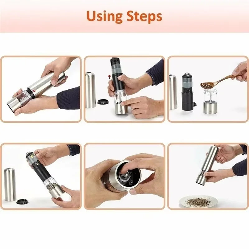 Electric Salt & Pepper Grinder Set – Stainless Steel, One-Handed Operation, Mill with Light